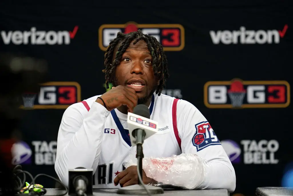 DALLAS, TEXAS – JULY 31: Tri State's No. 2 Nate Robinson addresses the media after defeating 3's Company 50-45 during BIG3 - Week Four at American Airlines Center on July 31, 2021 in Dallas, Texas.  (Photo: Cooper Neill/Getty Images for BIG3)