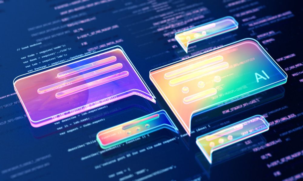 Digital generated image of abstract AI data chat icons flying over digital surface with codes