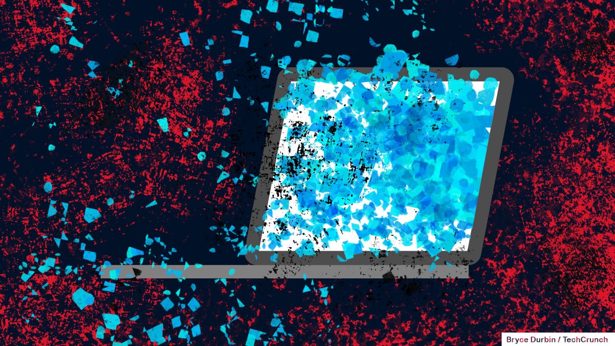 an illustrated laptop on a red darkened background, with blue flakes of data spilling out of the laptop