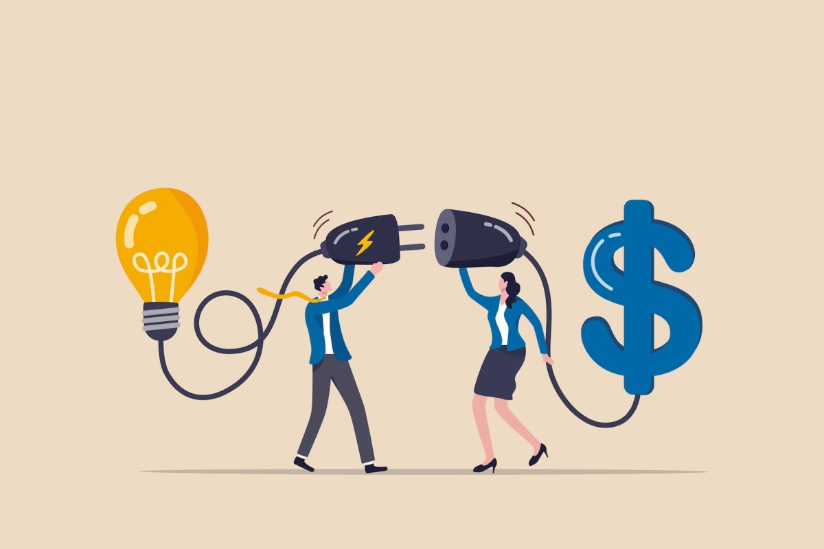 Venture capital or financial support for startup and entrepreneur company, make money idea or idea pitching for fund raising concept, businessman and woman connect lightbulb with money dollar sign.