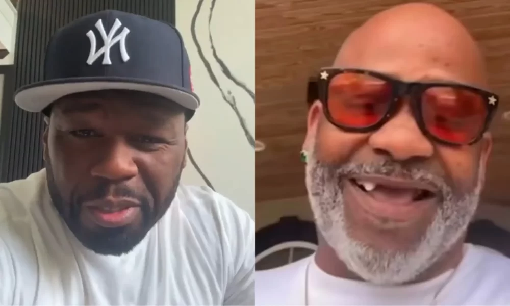 50 Cent and fans clown Dame Dash after his diamond grill falls out his mouth on Instagram Live. Photos: 50cent/Instagram; Duskopoppington/Instagram