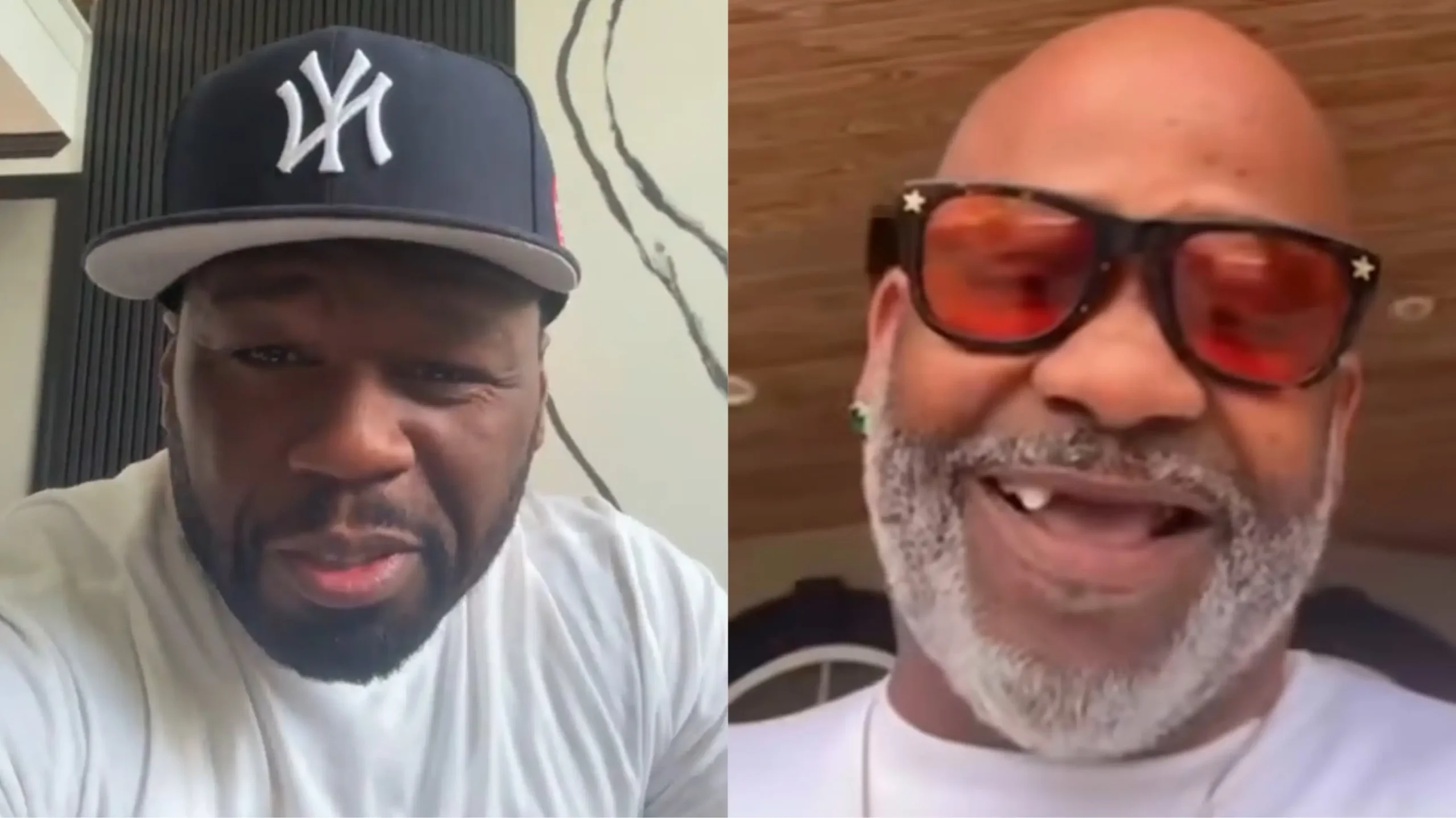 50 Cent and fans clown Dame Dash after his diamond grill falls out his mouth on Instagram Live. Photos: 50cent/Instagram; Duskopoppington/Instagram