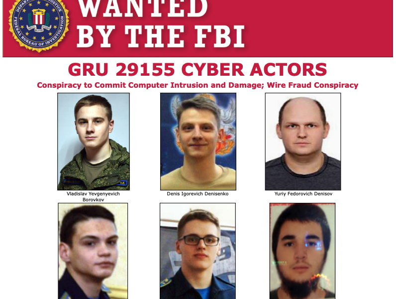 The six Russian nationals indicted by the U.S. Department of Justice for hacking Ukrainian government agency, a U.S. government agency, and other targets, using the WhisperGate malware.