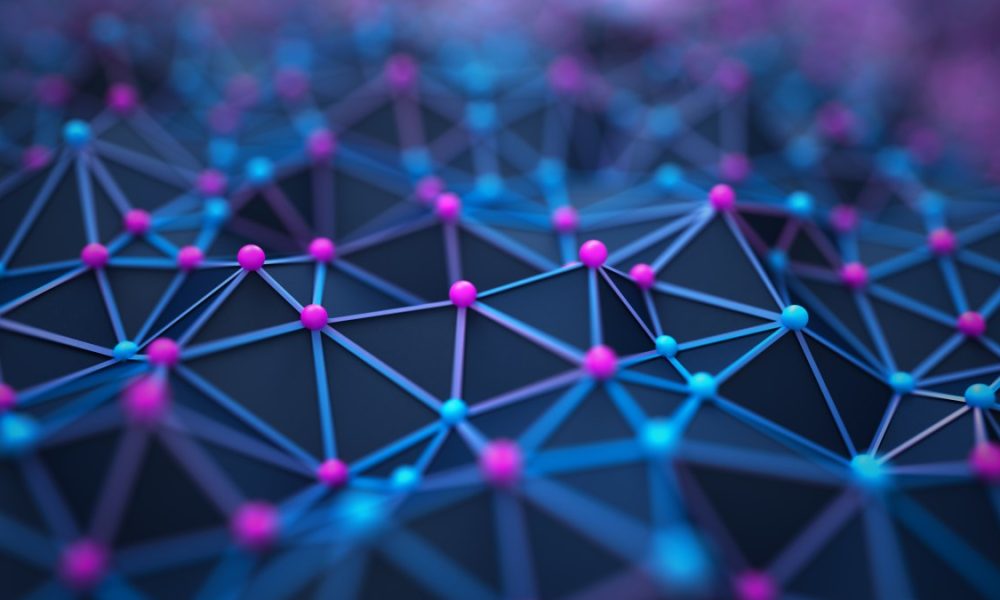 Futuristic digital blockchain background. Abstract connections technology and digital network. 3d illustration of the Big data and communications technology.