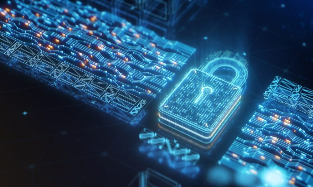 Digital security padlock with encrypted binary code on abstract circuit board.