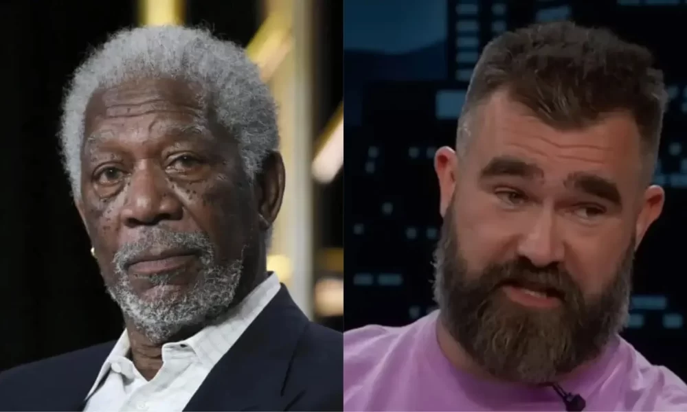 Morgan Freeman Dragged Into Jason Kelce’s Dramatic Showdown with Irate Fan Over an Autograph (Photos: Richard Shotwell/Invision/AP, File; Jimmy Kimmel Live/YouTube)