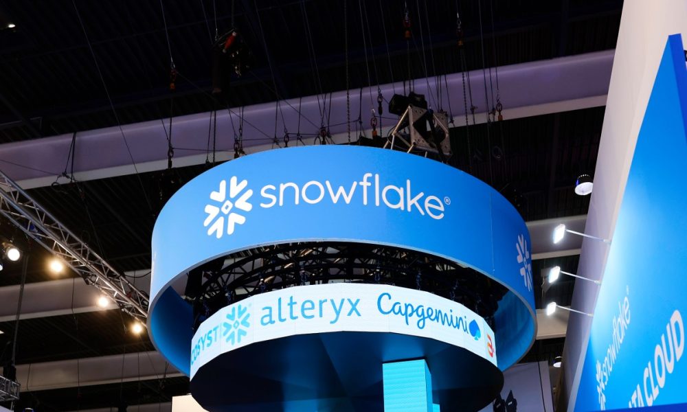 The Snowflake Inc logo, which represents the American cloud computing-based data company that offers cloud-based storage and analytics services, is being displayed on their pavilion at the Mobile World Congress 2024 in Barcelona, Spain, on February 28, 2024.