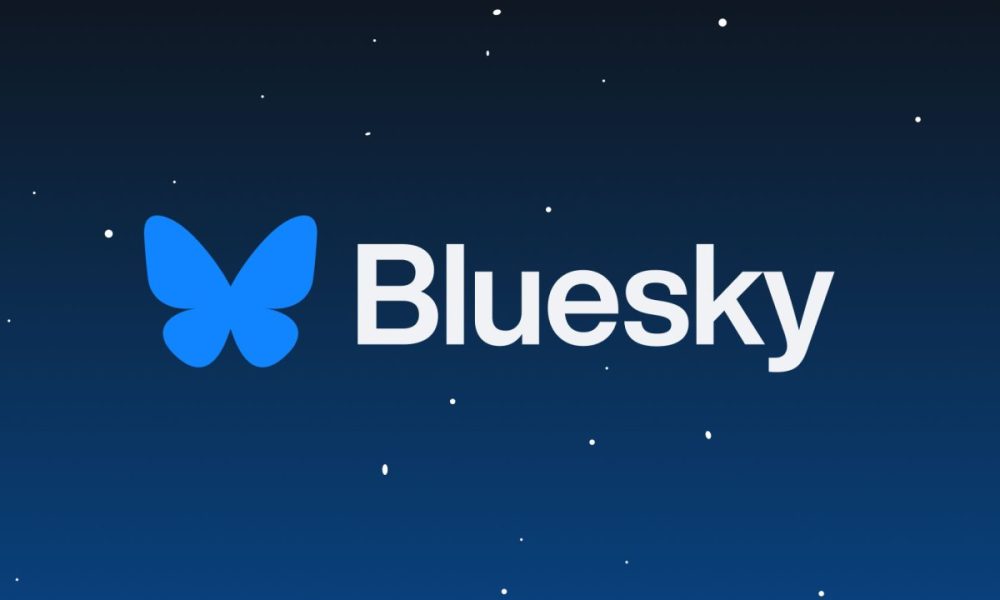 Bluesky logo (a butterfly) on a field of stars