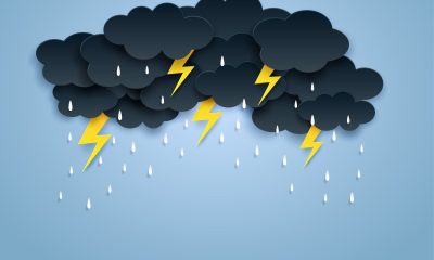 Monsoon, Rainy Season background . cloud rain and thunderbolt hanging on blue sky. paper art style.vector.