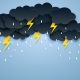 Monsoon, Rainy Season background . cloud rain and thunderbolt hanging on blue sky. paper art style.vector.