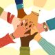 Hands of diverse group of people putting together. Concept of teamwork, cooperation, unity, togetherness, partnership, agreement, social community or movement. Flat style. Vector illustration.