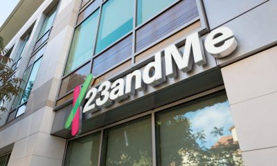 Low-angle view of logo on facade of personal genomics company 23AndMe in the Silicon Valley town of Mountain View, California, October 28, 2018. (Photo by Smith Collection/Gado/Getty Images)