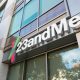 Low-angle view of logo on facade of personal genomics company 23AndMe in the Silicon Valley town of Mountain View, California, October 28, 2018. (Photo by Smith Collection/Gado/Getty Images)
